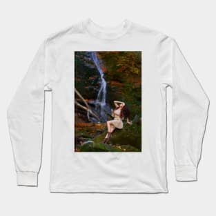 Beautiful young woman by a waterfall Long Sleeve T-Shirt